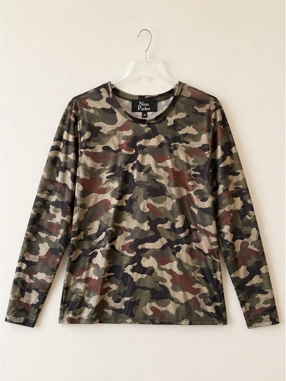 Nina Parker Camo Long Sleeve Top Women’s 2X Sheer Mesh Crew Neck Green Brown NWT